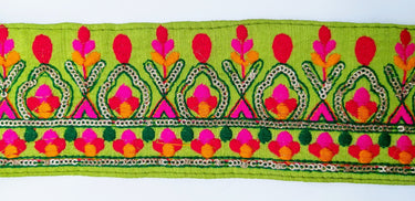 Green Fabric Trim With Green, Fuchsia Pink, Red And Yellow Embroidery and Gold Sequins